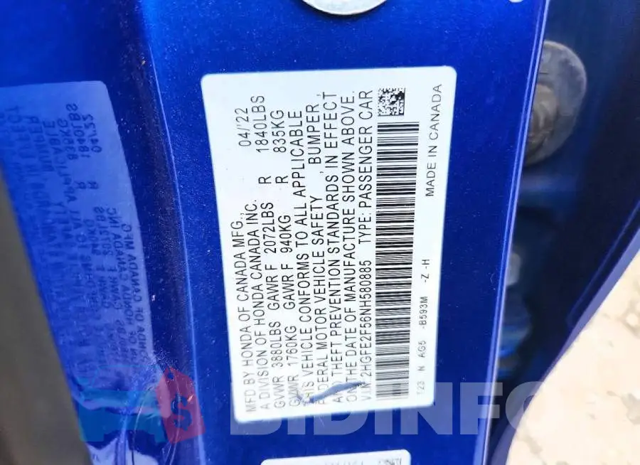 2HGFE2F56NH580885 Photo# 12