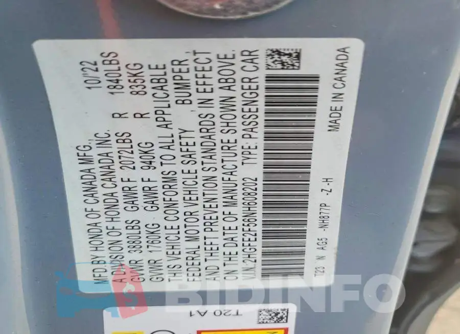 2HGFE2F56NH608202 Photo# 12