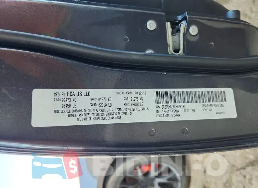 2C3CDXGJ8KH579184 Photo# 12