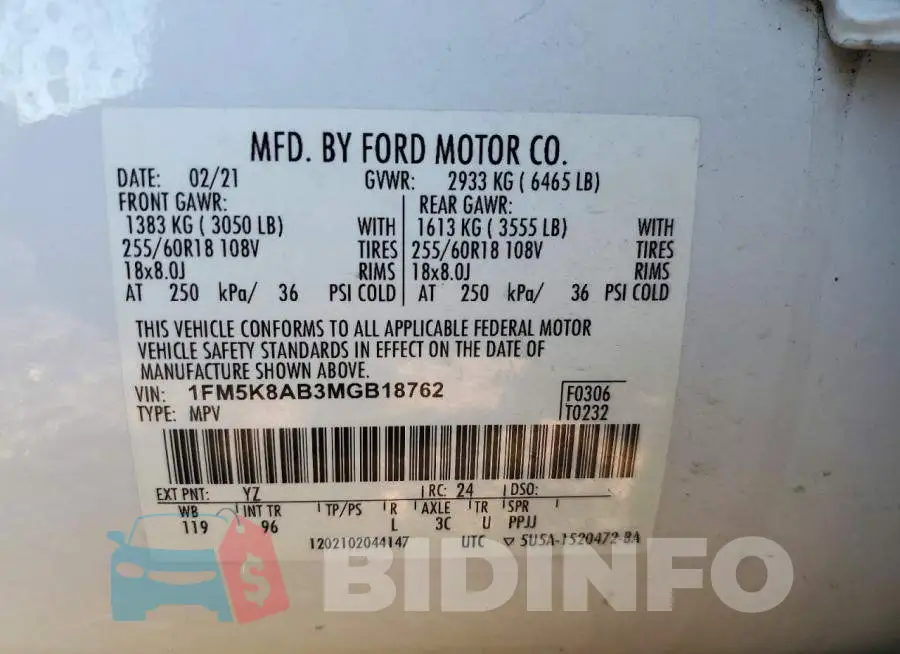 1FM5K8AB3MGB18762 Photo# 13