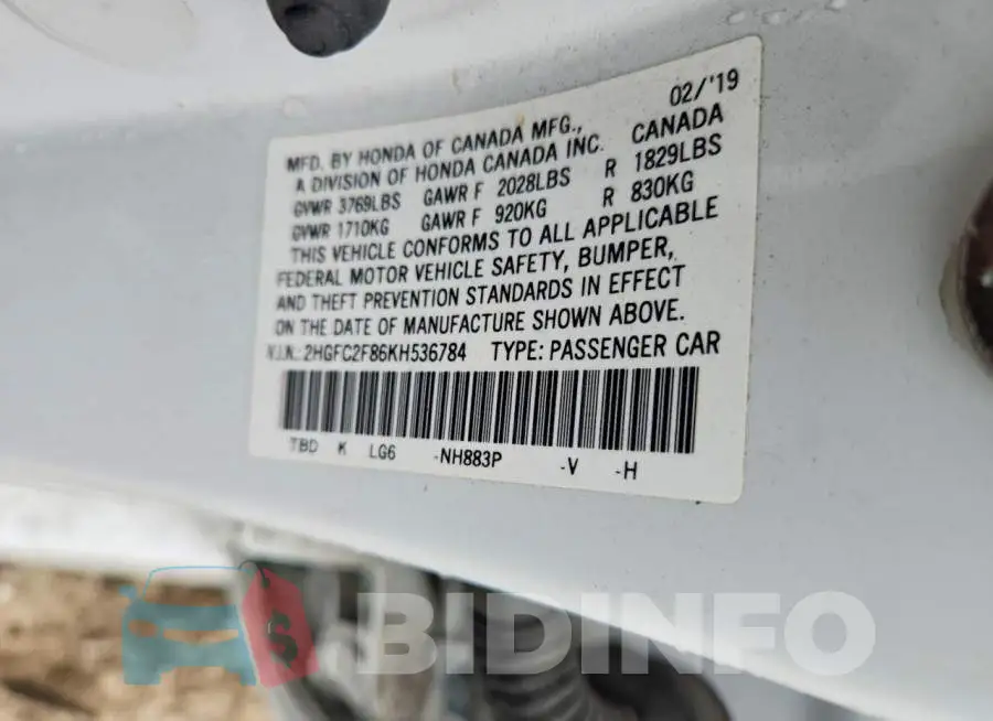 2HGFC2F86KH536784 Photo# 12