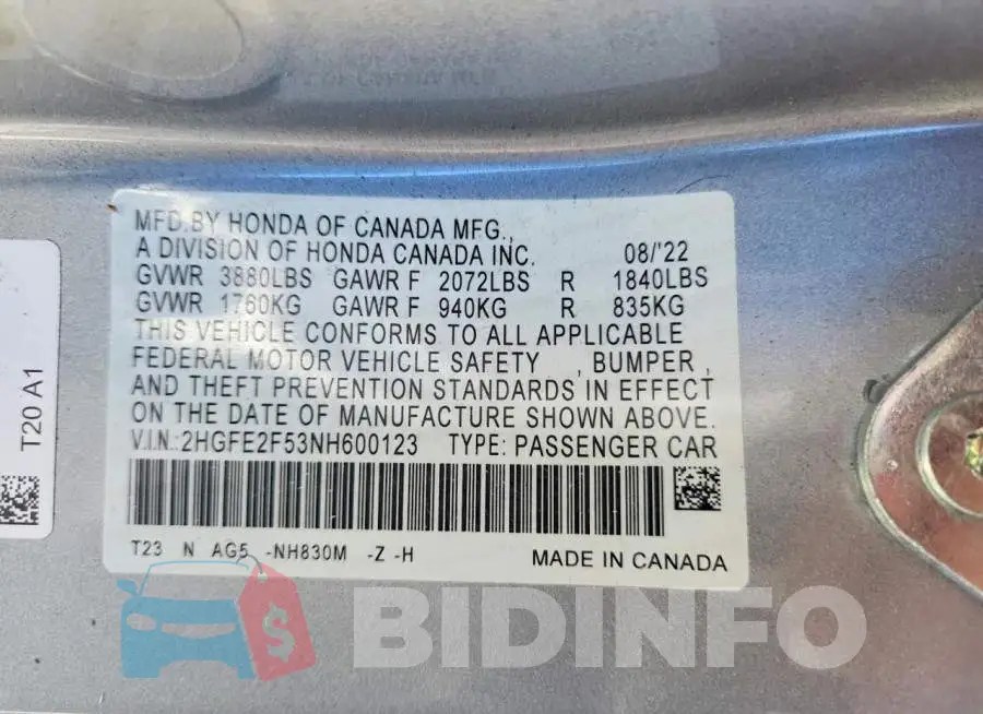 2HGFE2F53NH600123 Photo# 12