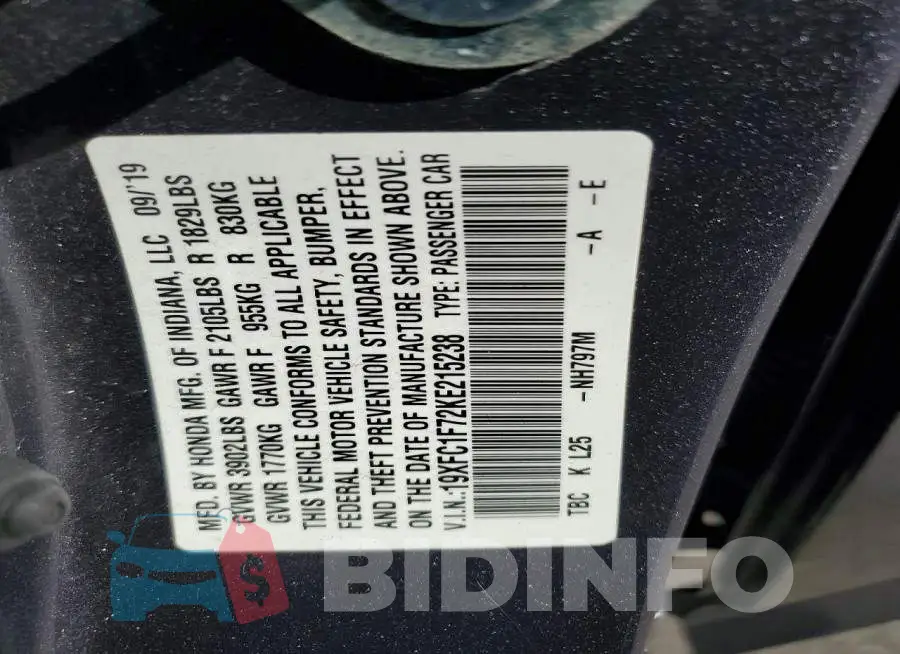 19XFC1F72KE215238 Photo# 12