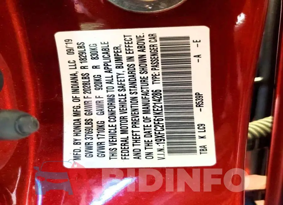 19XFC2F61KE214286 Photo# 12