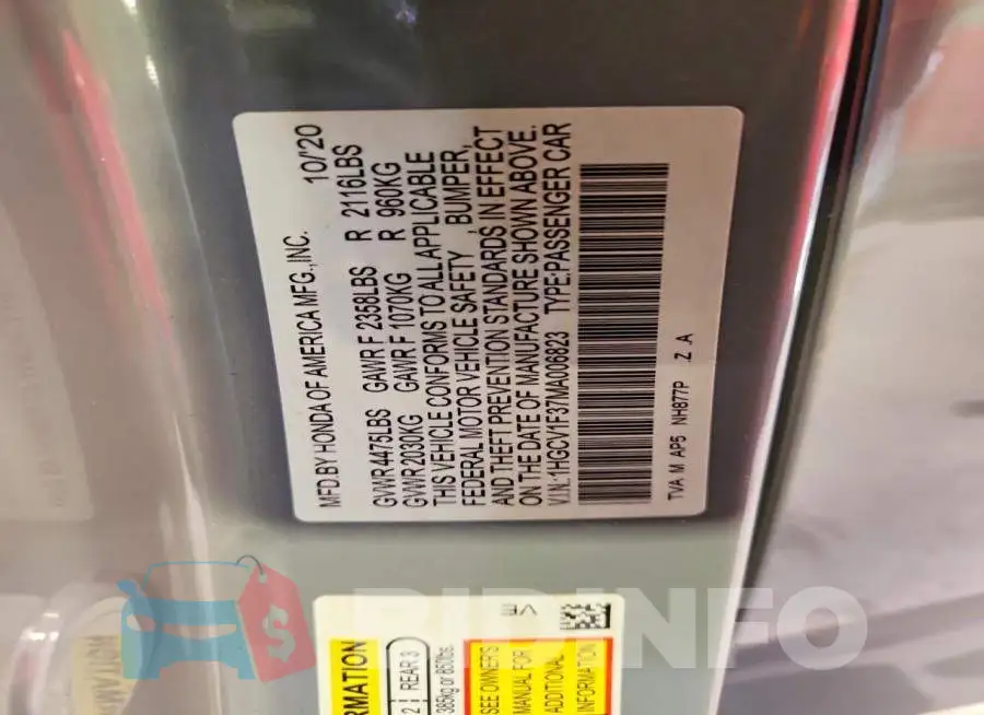 1HGCV1F37MA006823 Photo# 12