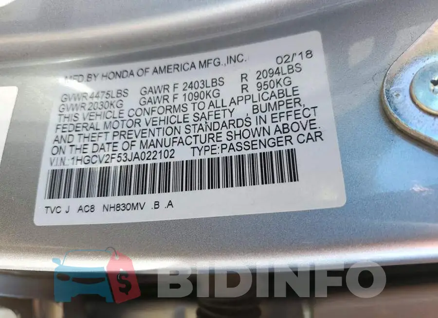 1HGCV2F53JA022102 Photo# 12