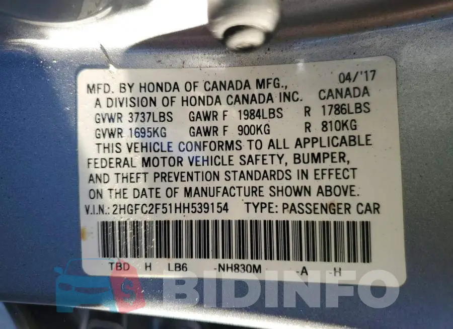 2HGFC2F51HH539154 Photo# 13