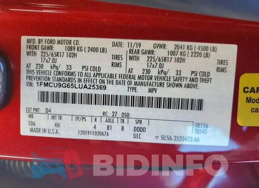 1FMCU9G65LUA25369 Photo# 14