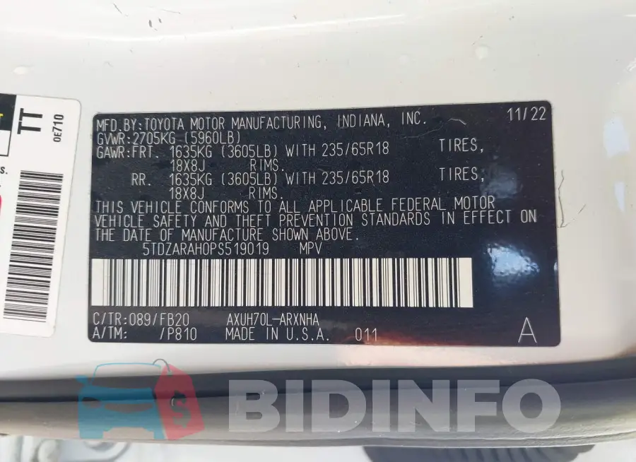 5TDZARAH0PS519019 Photo# 9