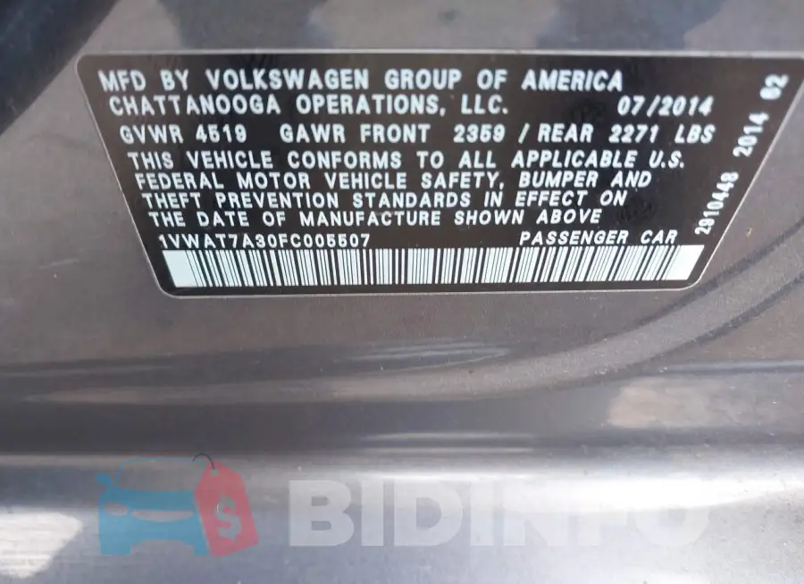 1VWAT7A30FC005507 Photo# 9