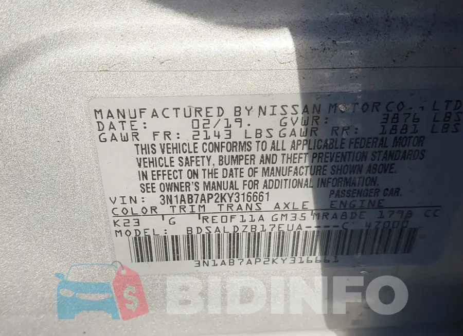 3N1AB7AP2KY316661 Photo# 9
