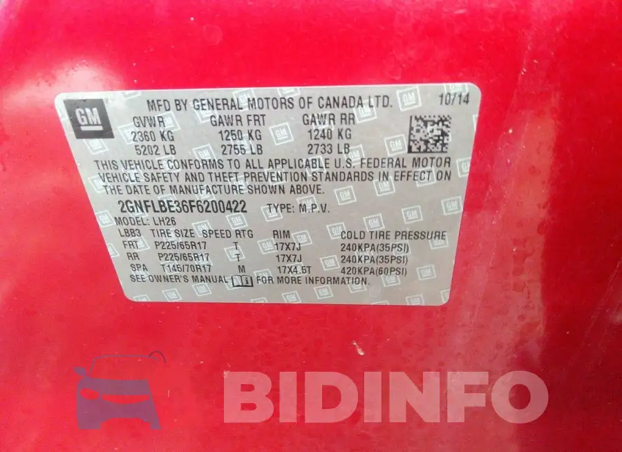2GNFLBE36F6200422 Photo# 9