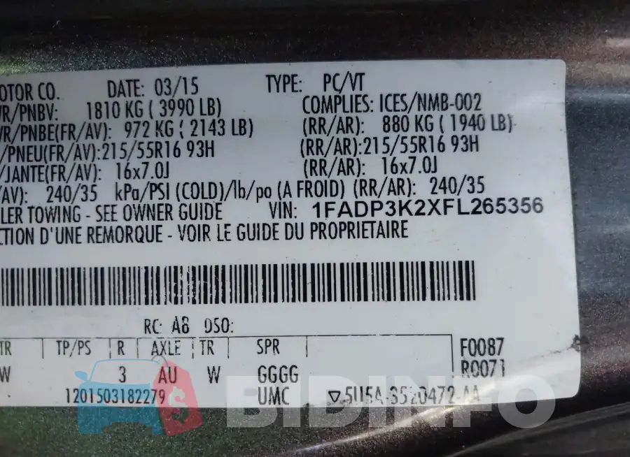 1FADP3K2XFL265356 Photo# 9