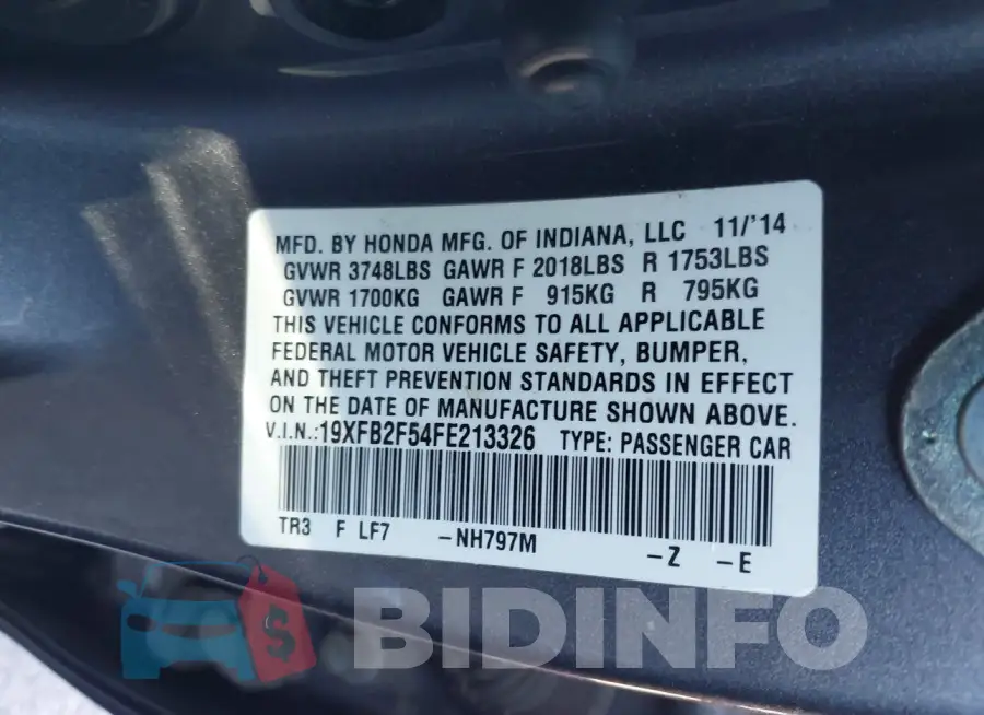 19XFB2F54FE213326 Photo# 9