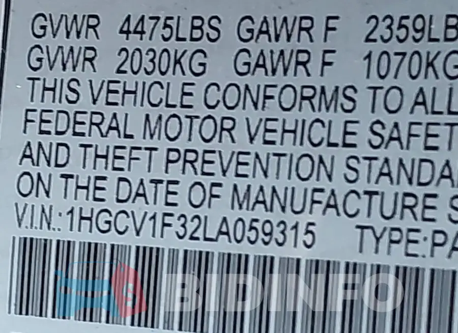1HGCV1F32LA059315 Photo# 9