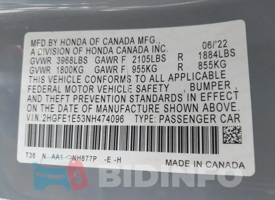 2HGFE1E53NH474096 Photo# 9