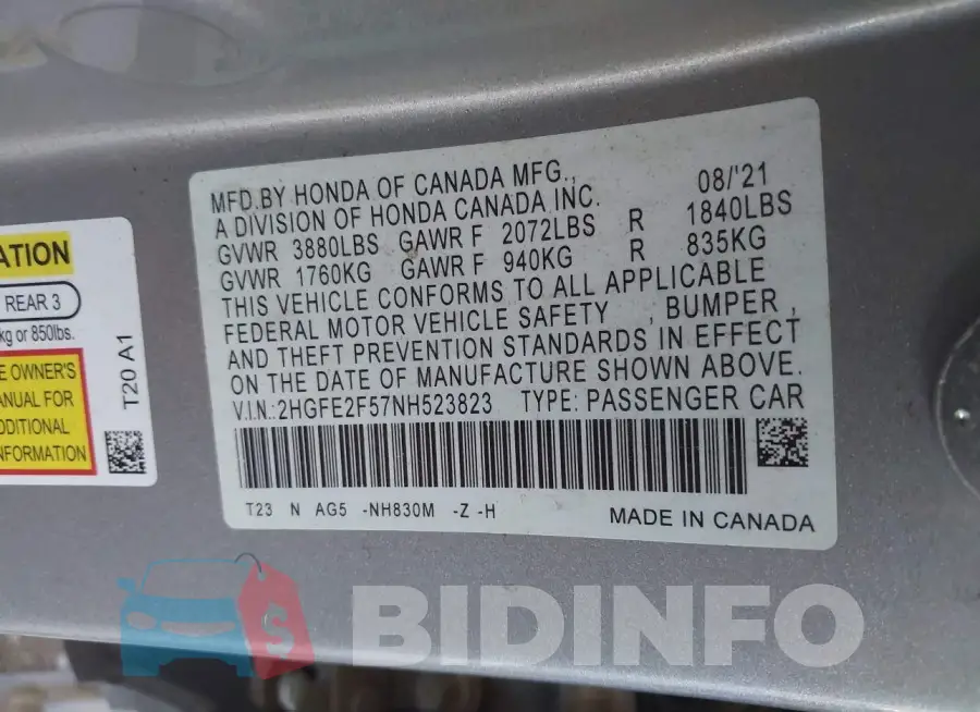 2HGFE2F57NH523823 Photo# 9