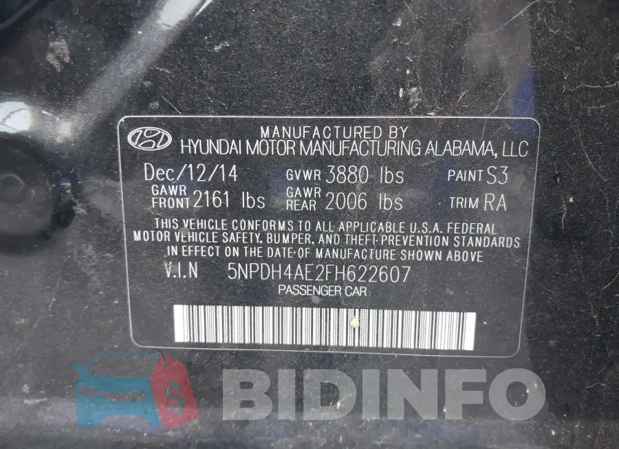 5NPDH4AE2FH622607 Photo# 9