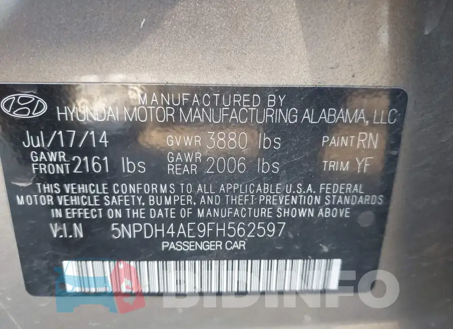 5NPDH4AE9FH562597 Photo# 9