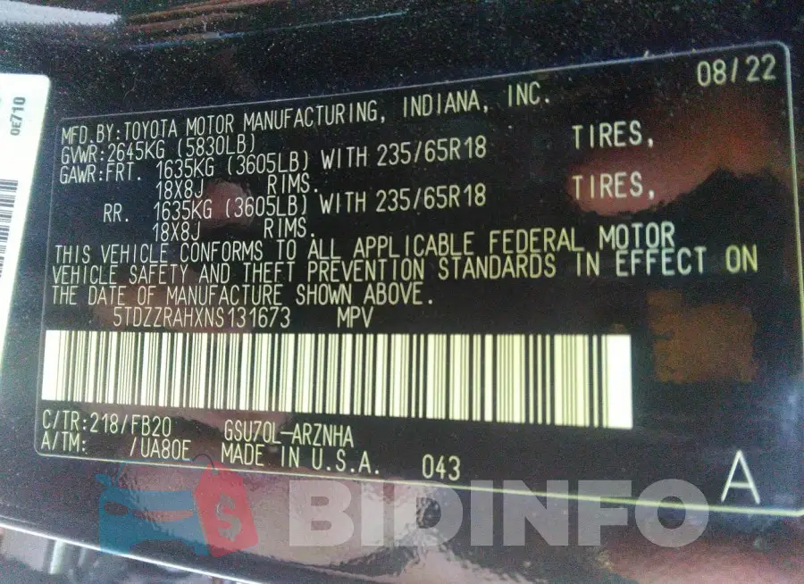 5TDZZRAHXNS131673 Photo# 9