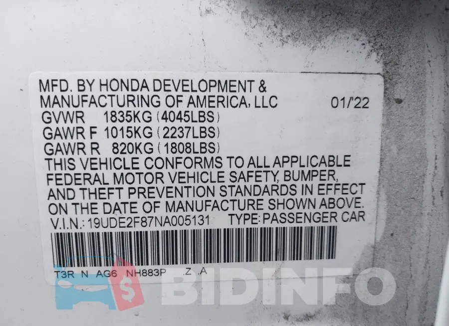 19UDE2F87NA005131 Photo# 9