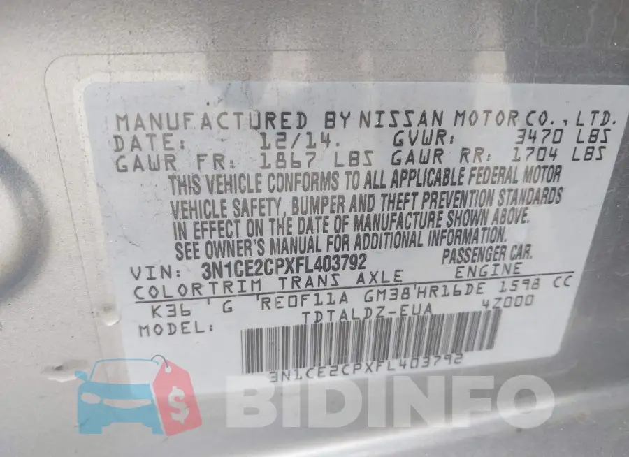 3N1CE2CPXFL403792 Photo# 9