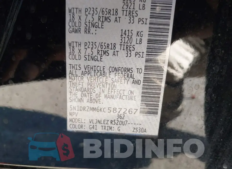 5N1DR2MM6KC587267 Photo# 9