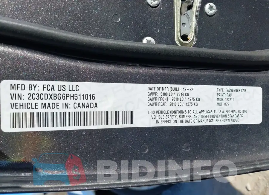 2C3CDXBG6PH511016 Photo# 9