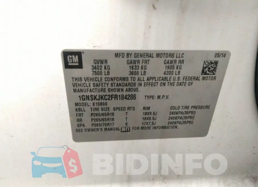 1GNSKJKC2FR184286 Photo# 9