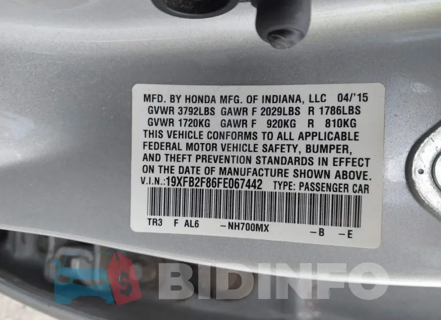19XFB2F86FE067442 Photo# 9