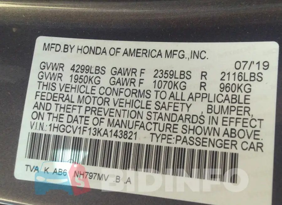 1HGCV1F13KA143821 Photo# 9