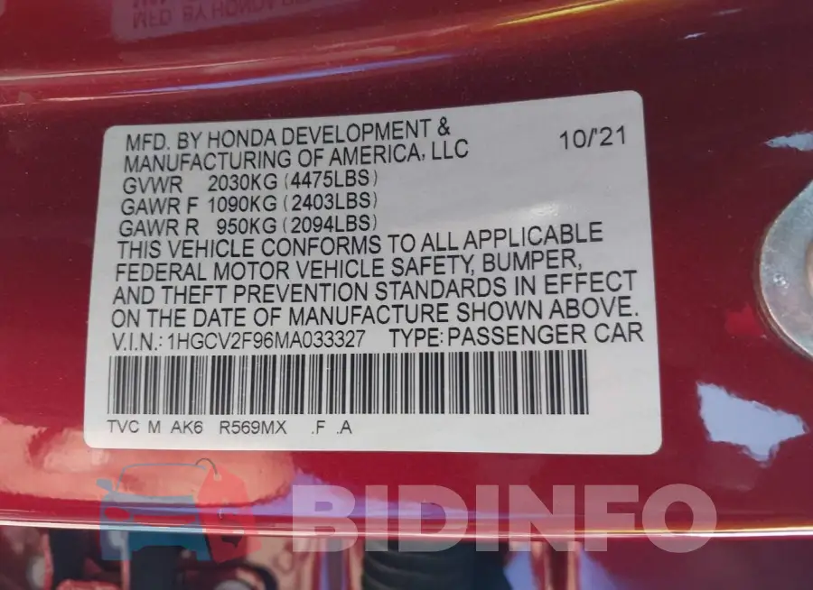 1HGCV2F96MA033327 Photo# 9