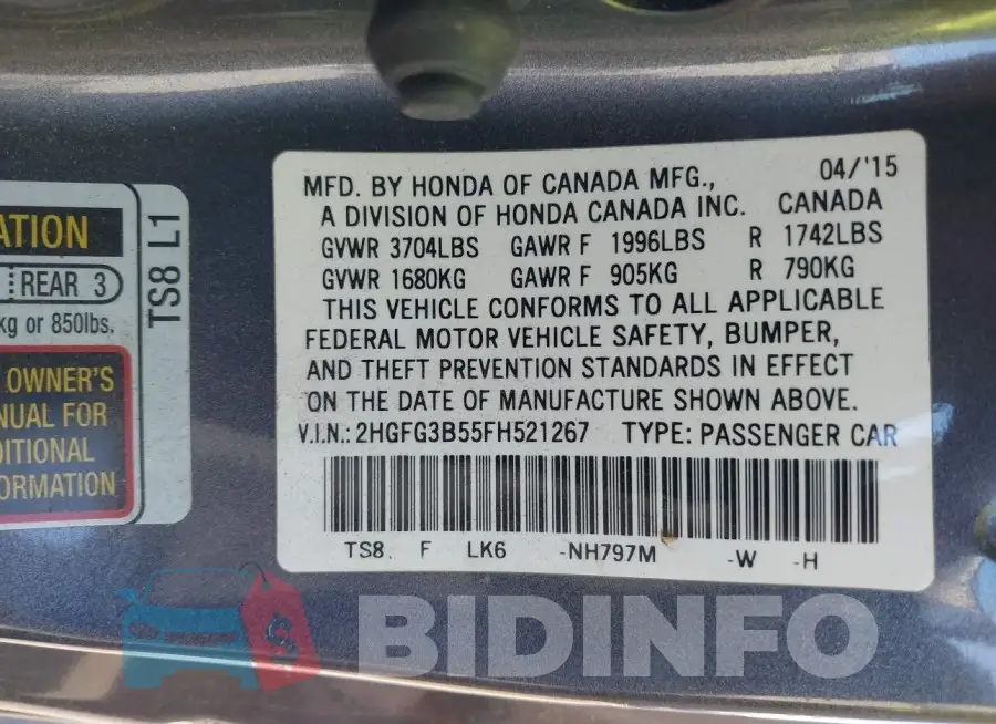 2HGFG3B55FH521267 Photo# 9