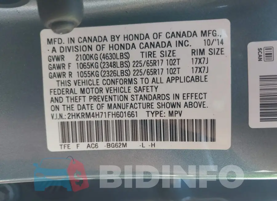 2HKRM4H71FH601661 Photo# 9