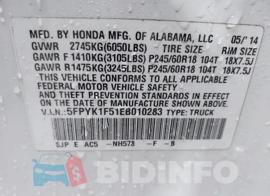 5FPYK1F51EB010283 Photo# 9