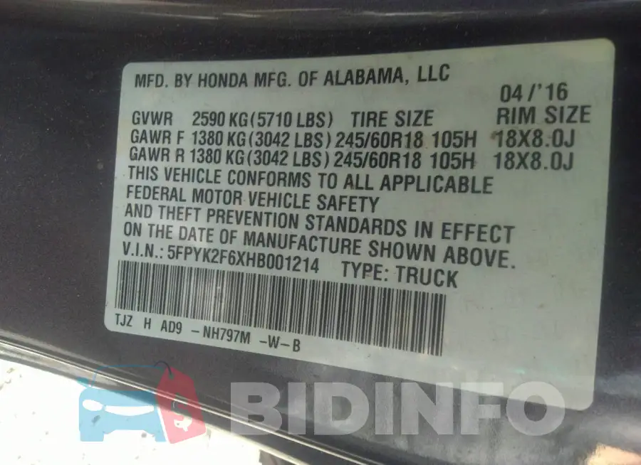 5FPYK2F6XHB001214 Photo# 8