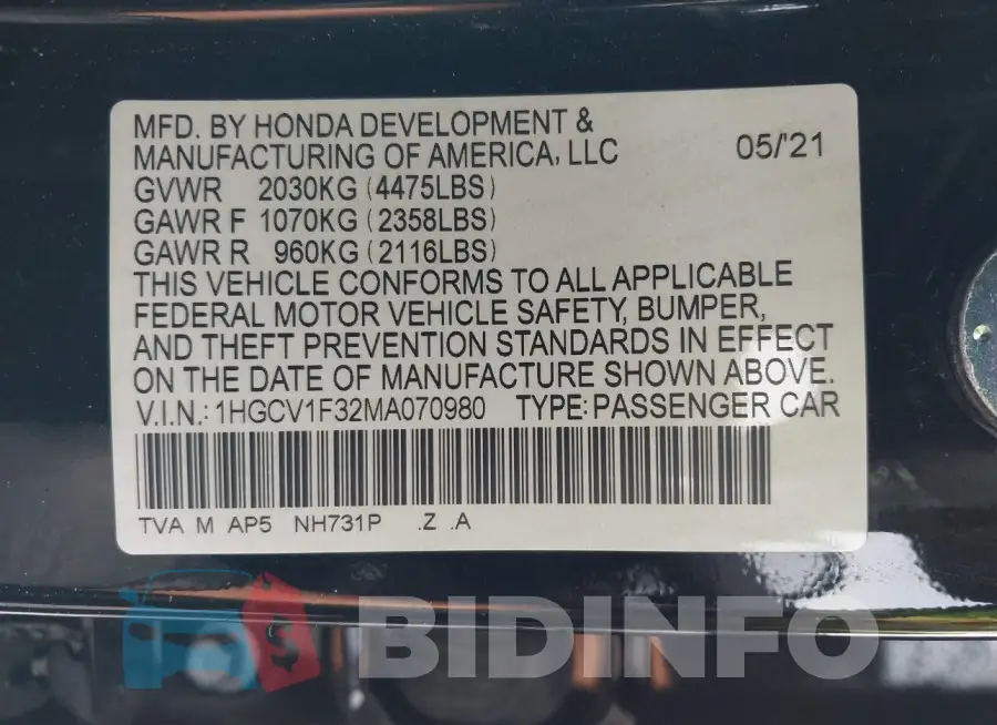 1HGCV1F32MA070980 Photo# 9