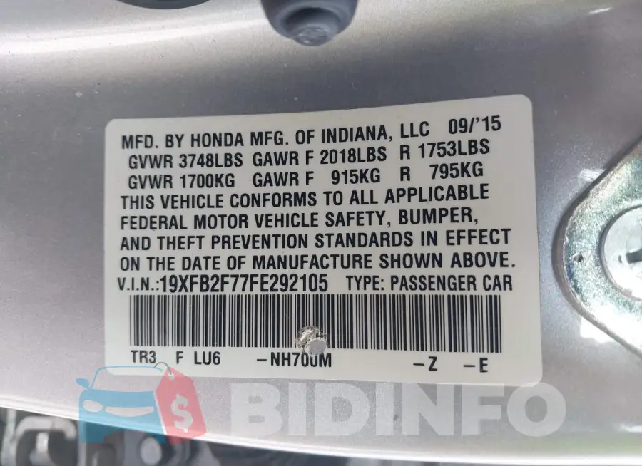 19XFB2F77FE292105 Photo# 9