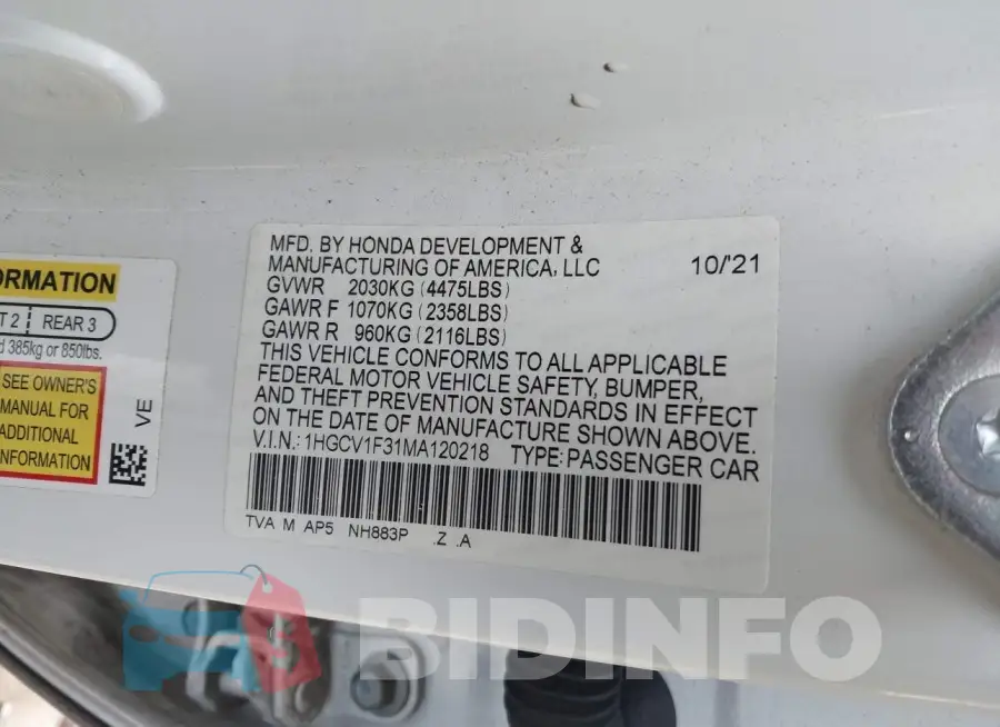 1HGCV1F31MA120218 Photo# 9