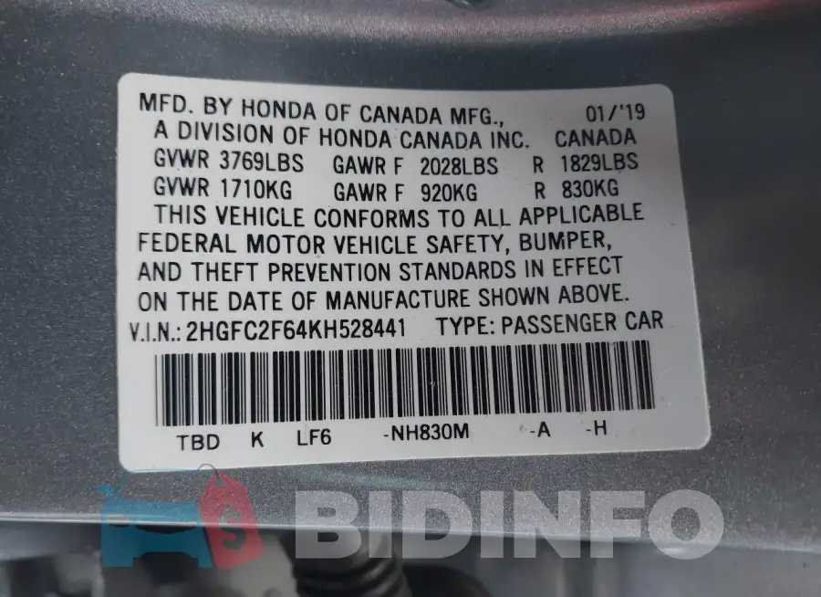 2HGFC2F64KH528441 Photo# 9