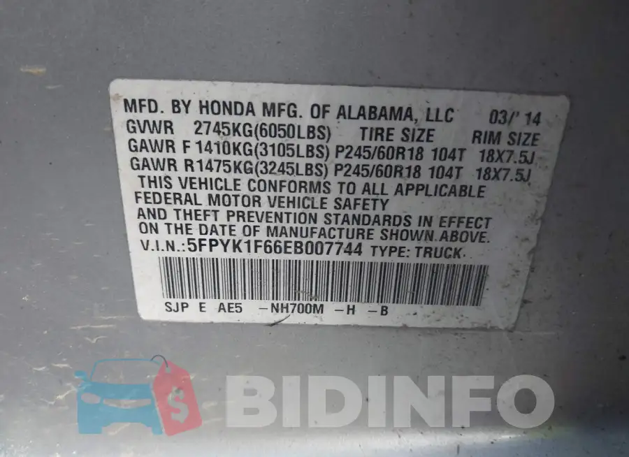 5FPYK1F66EB007744 Photo# 9