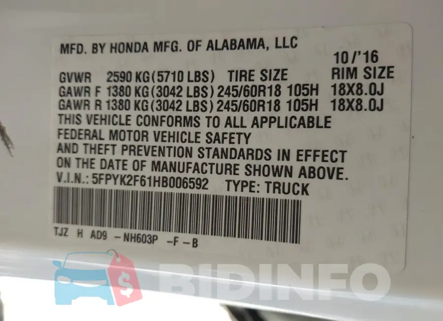 5FPYK2F61HB006592 Photo# 9