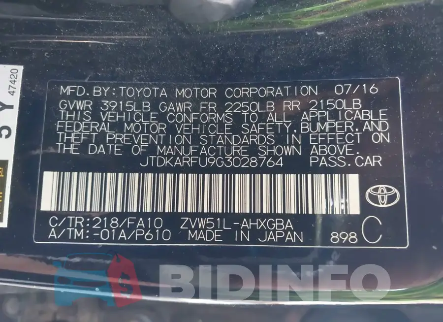 JTDKARFU9G3028764 Photo# 9