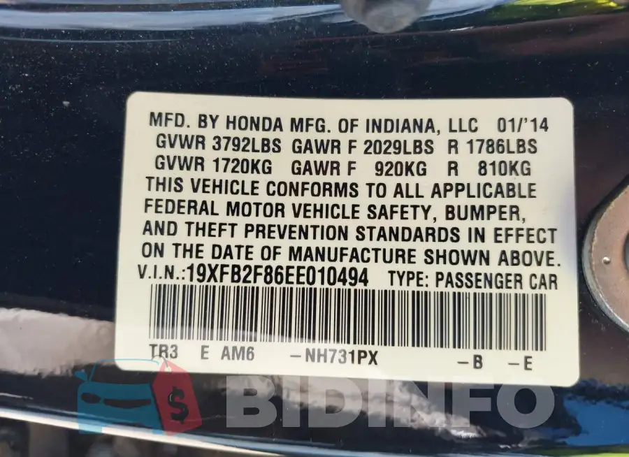 19XFB2F86EE010494 Photo# 9