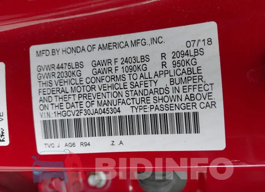 1HGCV2F30JA045304 Photo# 9