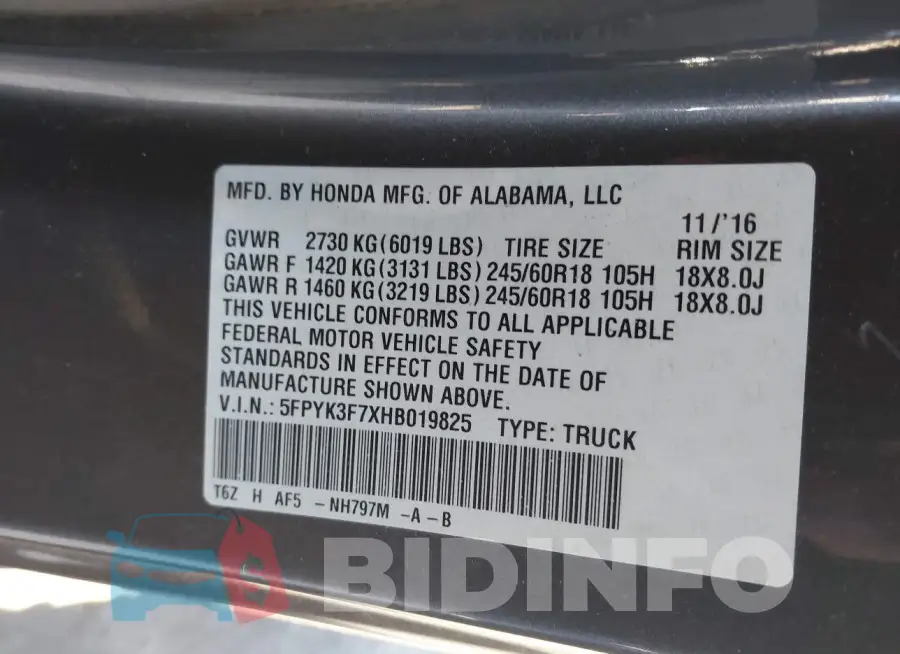 5FPYK3F7XHB019825 Photo# 9