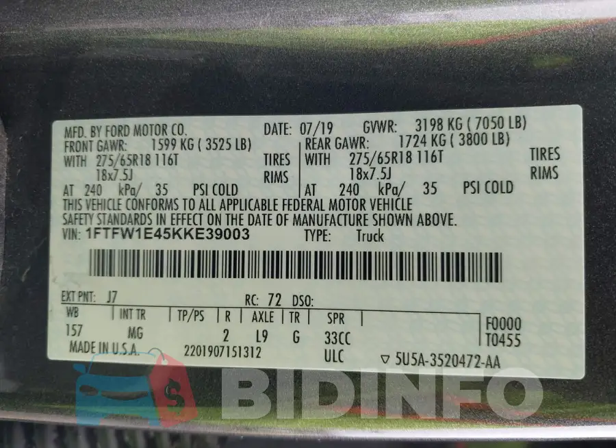 1FTFW1E45KKE39003 Photo# 9