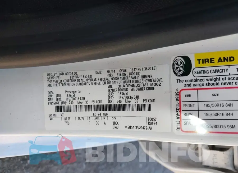 3FADP4EJ2FM115362 Photo# 9