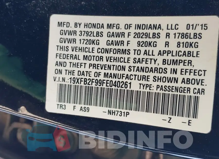 19XFB2F99FE040261 Photo# 9