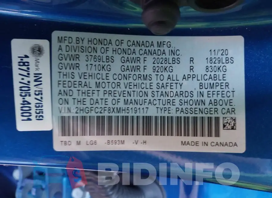 2HGFC2F8XMH519117 Photo# 9